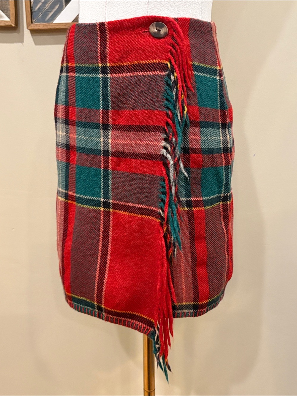 Vintage Ralph Lauren Country 90s Plaid Wool Woven Fringe Wrap Skirt size 6 - Picture 2 of 12